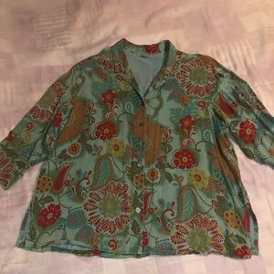 Teal Floral and Paisley Button-Front, Shirt, Tianello, soft durable fabric.